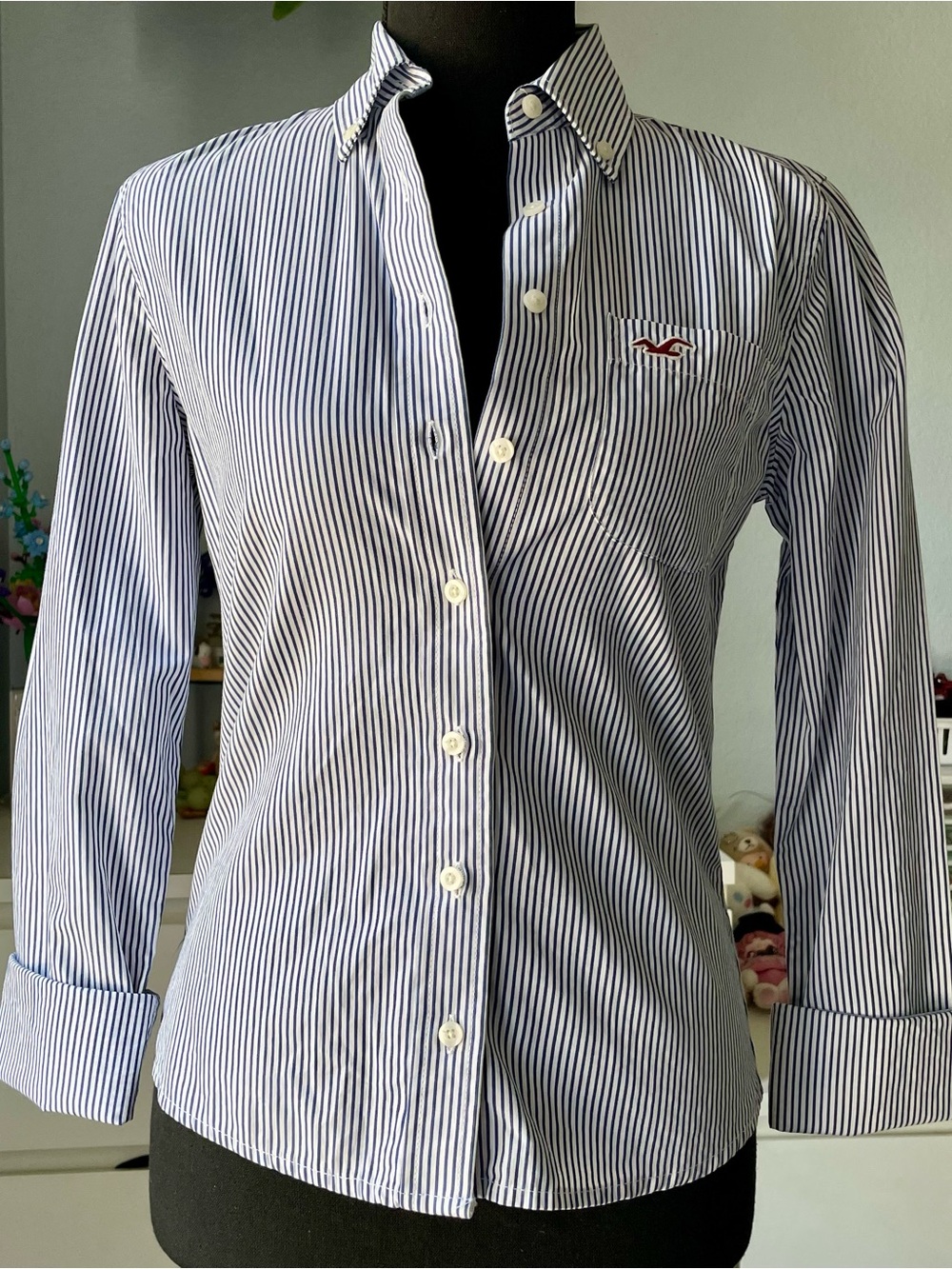 New Hollister Navy White Striped Button-Down Shirt Women’s Size XS